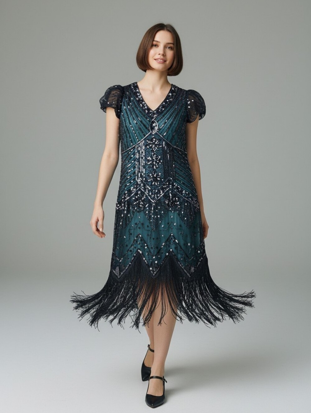 Fundaisy 1920s Flapper Costume Set Green Black Sequin Fringe Dress Medium Bundle